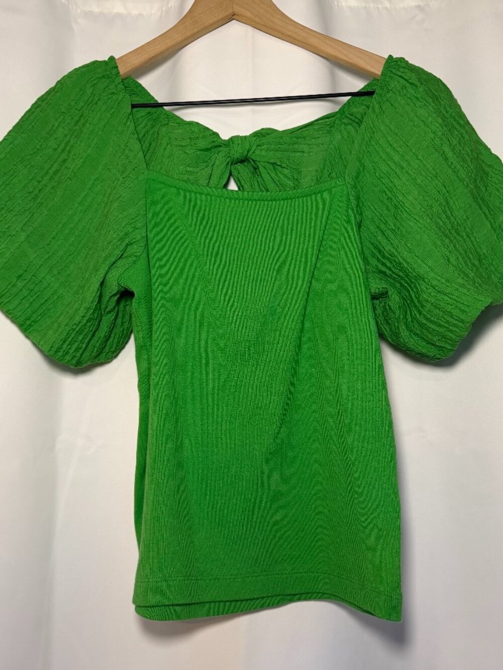 Loft Puff Sleeve Square Neck Top Womens L Green Tie-Back Off-Shoulder Crop EUC